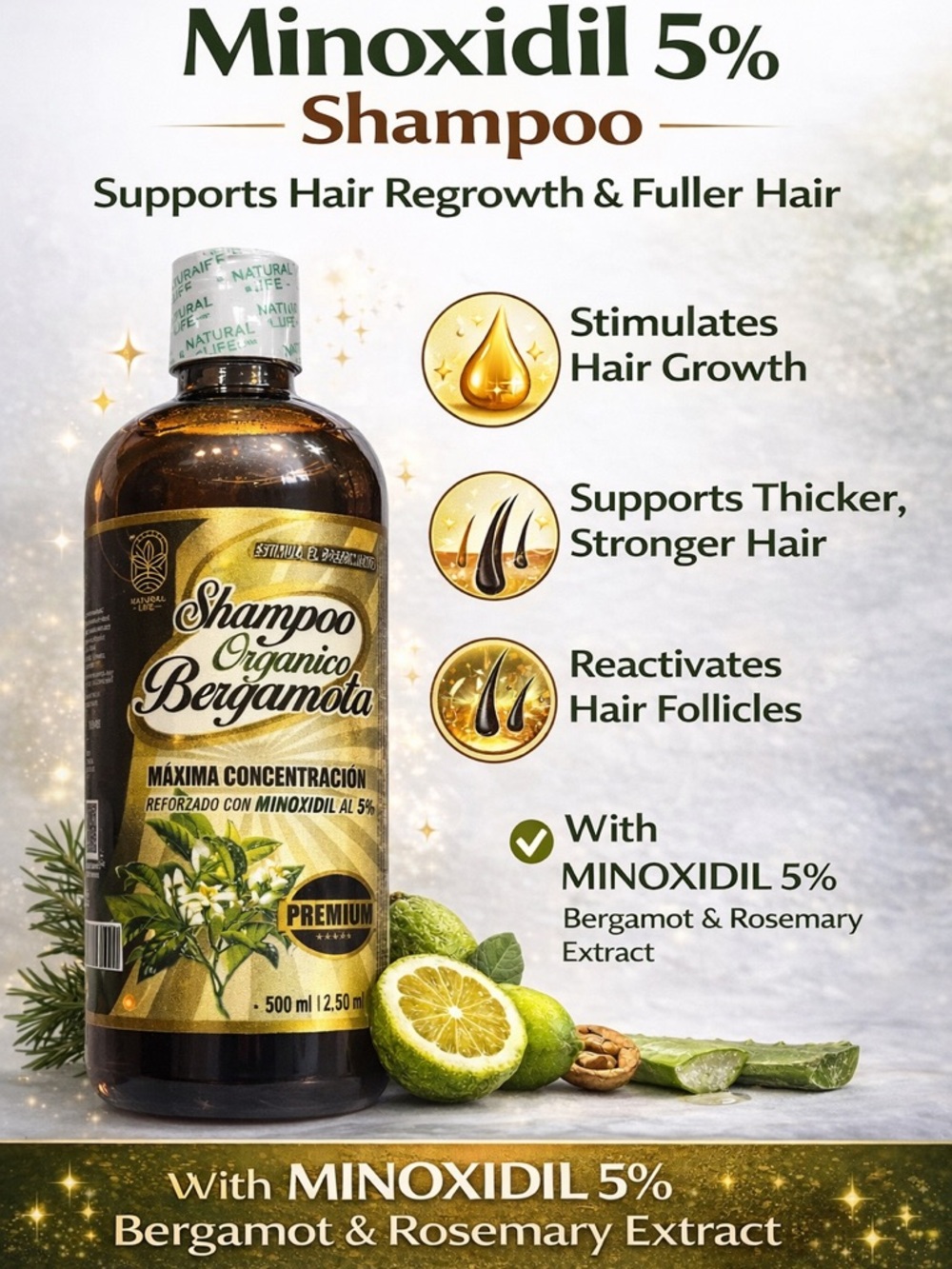 Shampoo Organico Bergamota, Minoxidil Hair Regrowth,Reactivates Hair Follicles